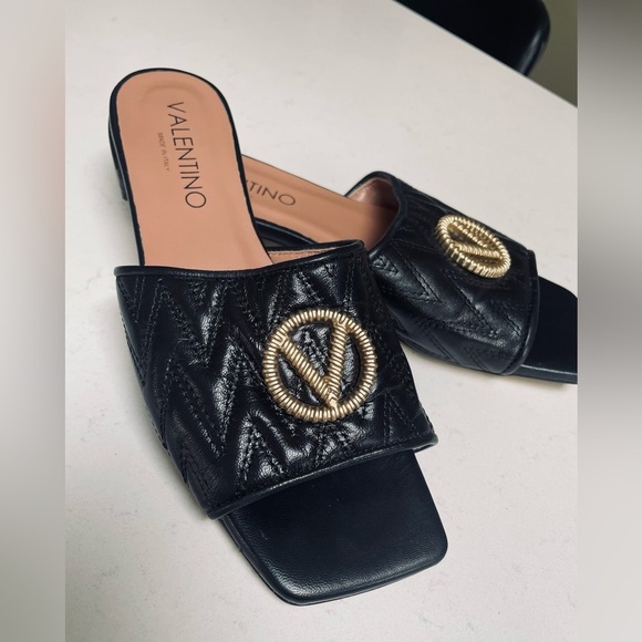 Valentino By Mario Valentino Black and Gold Mules with Distinctive Hardware - Picture 5 of 8